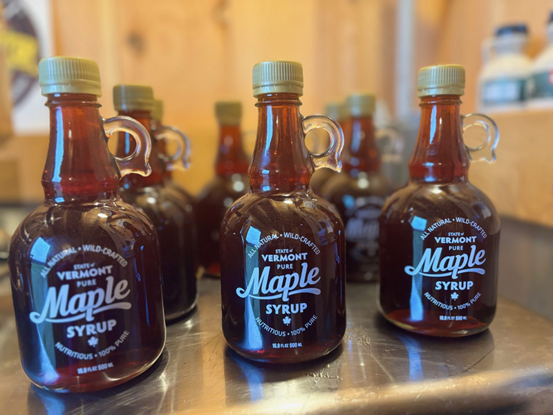 Maple syrup in glass bottles from High Ridge Meadows Farm, East Randolph, Vermont